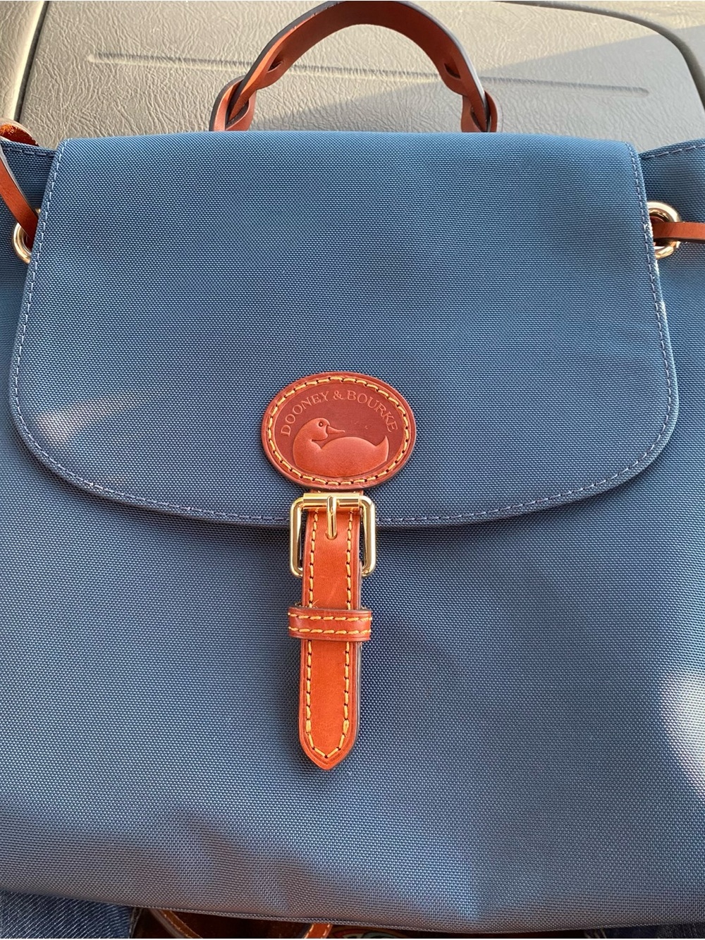 Dooney & Bourke Navy Canvas Backpack with Tan Leather Trim